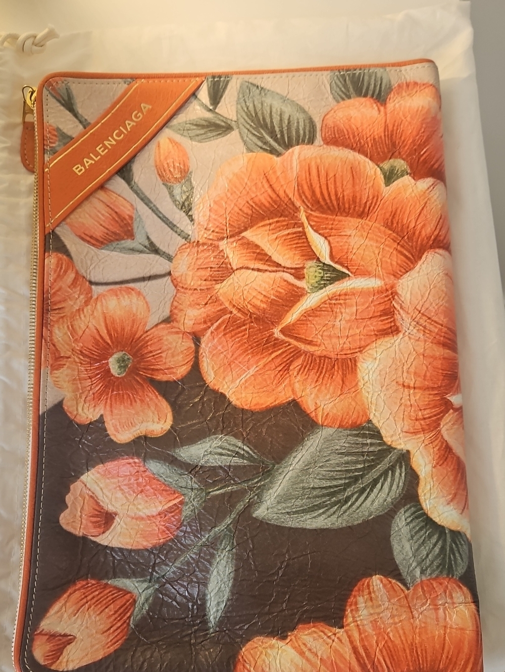 Balenciaga Orange Floral Zip Pouch with Botanical Print